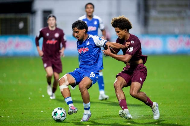 v li Yasin Zor TSG II, 10, Neo Telle Cologne, 31, tackle, game scene, duel, tackle, tackling, dynamics, action, 13 09 2026, Sinsheim, Germany, soccer, 3rd Division, TSG 1899 Hoffenheim II vs. SC Fortuna Cologne, DFB and DFL regulations prohibit any use of photographs as image sequences and or quasi-video xozx