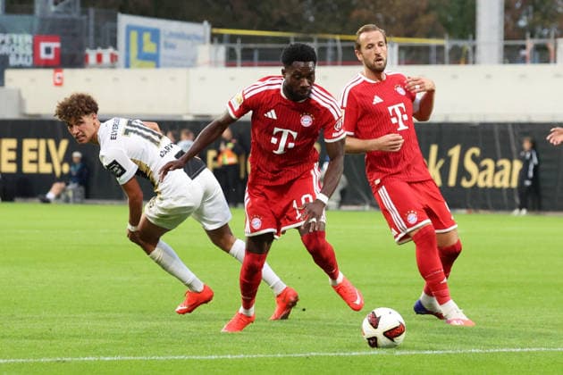 September 13, 2026, xrekx, Soccer, Bundesliga 1, SV Elversberg vs. FC Bayern Munich: Noah Darvich (SV 07 Elversberg), Alphonso Davies (FC Bayern Munich), Harry Kane (FC Bayern Munich). DFL and DFB regulations prohibit any use of photographs as image sequences and or quasi-video. Elversberg