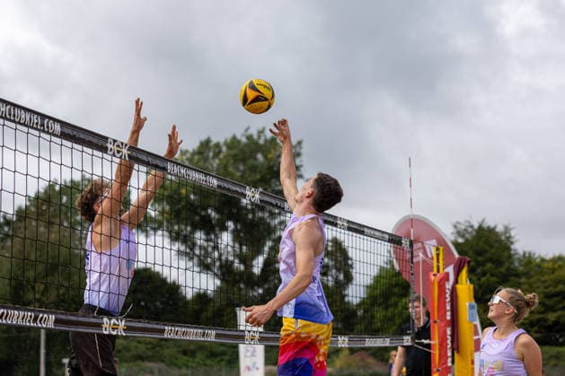 September 13, 2026 Beach Volleyball 1 Beachclub Kiel e.V. German Mixed Championships Justus Odebrecht (left) behind the net, Maarten Eichler, Julia Weber Kiel Beach Facility, Nordmarksportfeld, Schleswig-Holstein, Germany