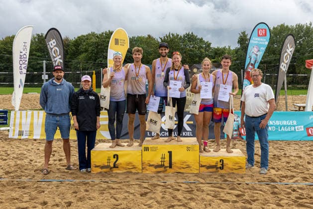 September 13, 2026 Beach Volleyball 1 Beachclub Kiel e.V. German Mixed Championships Players (from left to right): Anna Behlen, Justus Odebrecht, Kai Pilz, Lena Pilz, Julia Weber, Maarten Eichler Kiel Beach Facility, Nordmarksportfeld, Schleswig-Holstein, Germany