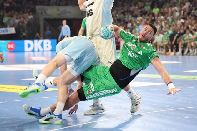 September 13, 2026, xBHAx, Handball, Opel HBL, 2026–2027 Season, 1 HBL, Füchse Berlin vs. VfL Gummersbach, Max Schmeling Halle, Mijajlo Marsenic of Füchse Berlin 93 on the attack against Ellidi Snaer Vidarsson of VfL Gummersbach 4, Berlin, Germany
