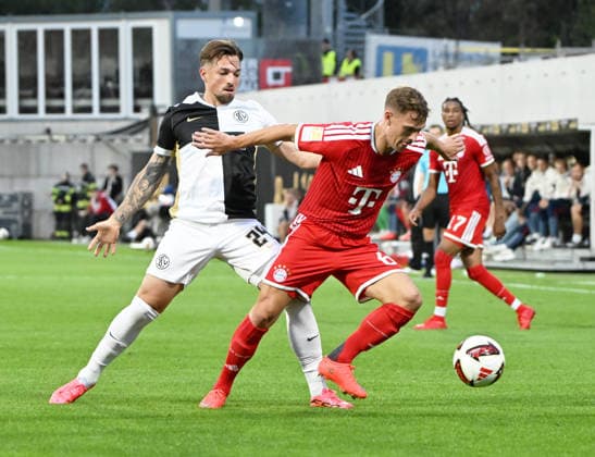 German Bundesliga 2026-27 Season, September 13, 2025, Ursapharm Arena: SV Elversberg (ELV) vs. FC Bayern Munich (FCB) 1-2; Luca SCHNELLBACHER (SV Elversberg), left: Joshua KIMMICH (FC Bayern Munich); German Bundesliga: SV Elversberg