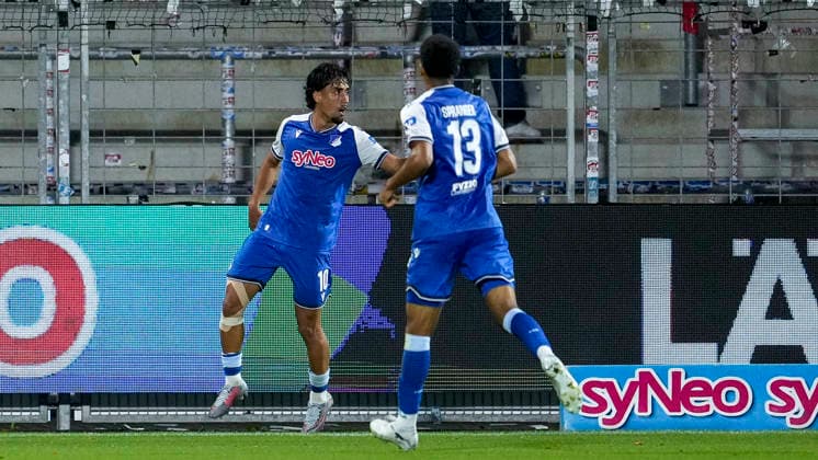 From left: Goal scorer Yasin Zor (TSG II), 10; Tristan Spranger (TSG II), 13; players from TSG 1899 Hoffenheim II U23, celebrating the 1-0 goal, Celebration, Goal celebration, Goal scored, Celebrating the goal, Goal, Celebration, Celebrating the goal, Joy, Happiness, Happy, Optimistic, Positive, Game scene, Highlight, Action, 13 09 2026, Sinsheim, Germany, soccer, 3rd League, TSG 1899 Hoffenheim II vs. SC Fortuna Köln, DFB and DFL regulations prohibit any use of photographs as image sequences and or quasi-video xozx
