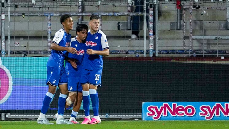 From left: Tristan Spranger (TSG II), 13; goal scorer Yasin Zor (TSG II), 10; Jakov Dedic (TSG II), 36; players from TSG 1899 Hoffenheim II U23, celebrating the 1-0 goal, Celebration, Goal celebration, Goal scored, celebrate the goal, goal, celebration, celebrating the goal, Rejoicing, Joy, Happy, optimistic, positive, Game scene, Highlight, Action, 09 13 2026, Sinsheim, Germany, soccer, 3. Liga, TSG 1899 Hoffenheim II vs. SC Fortuna Köln, DFB and DFL regulations prohibit any use of photographs as image sequences and or quasi-video xozx