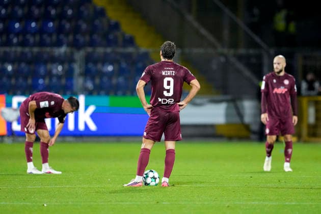 Enzo Wirtz, Cologne, 9, center, player for SC Fortuna Cologne, looking disappointed, disappointment, frustration, pessimistic, after conceding the goal to make it 1–0, action, play, game scene, September 13, 2026, Sinsheim, Germany, soccer, 3rd Division, TSG 1899 Hoffenheim II vs. SC Fortuna Cologne, DFB and DFL regulations prohibit any use of photographs as image sequences and or quasi-video xozx