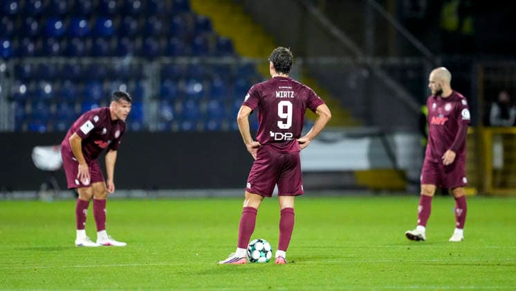 Enzo Wirtz, Cologne, 9, center, player for SC Fortuna Cologne, looking disappointed, disappointment, frustration, pessimistic, after conceding the goal to make it 1–0, action, play, game scene, September 13, 2026, Sinsheim, Germany, soccer, 3rd Division, TSG 1899 Hoffenheim II vs. SC Fortuna Cologne, DFB and DFL regulations prohibit any use of photographs as image sequences and or quasi-video xozx