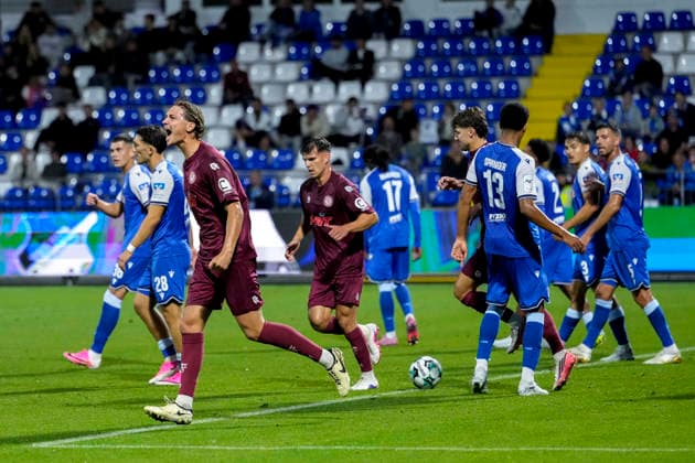 From left: Goal scorer Maximilian Fischer (Cologne), No. 3, a player from SC Fortuna Cologne, celebrates the goal that tied the game at 1-1, Celebration, goal celebration, scoring a goal, celebrate the goal, goal, celebration, celebrating the goal, joy, happiness, happy, optimistic, positive, game scene, highlight, action, September 13, 2026, Sinsheim, Germany, soccer, 3rd Division, TSG 1899 Hoffenheim II vs. SC Fortuna Cologne, DFB and DFL regulations prohibit any use of photographs as image sequences and or quasi-video xozx