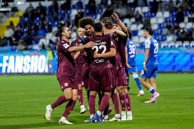 SC Fortuna Köln players celebrate the goal that tied the game at 1-1, Celebration, goal celebration, goal scored, celebrating the goal, goal, celebration, celebrating the goal, joy, happiness, happy, optimistic, positive, game scene, highlight, action, September 13, 2026, Sinsheim, Germany, soccer, 3rd League, TSG 1899 Hoffenheim II vs. SC Fortuna Köln, DFB and DFL regulations prohibit any use of photographs as image sequences and or quasi-video xozx