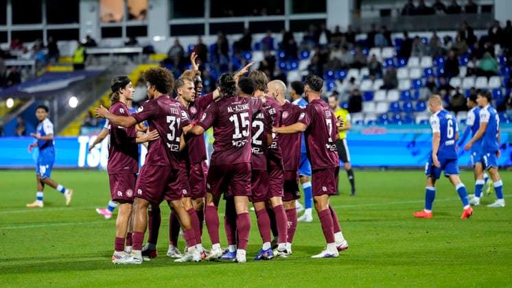 SC Fortuna Köln players celebrate the goal that tied the game at 1-1, Celebration, goal celebration, goal scored, celebrating the goal, goal, celebration, celebrating the goal, joy, happiness, happy, optimistic, positive, game scene, highlight, action, September 13, 2026, Sinsheim, Germany, soccer, 3rd League, TSG 1899 Hoffenheim II vs. SC Fortuna Köln, DFB and DFL regulations prohibit any use of photographs as image sequences and or quasi-video xozx