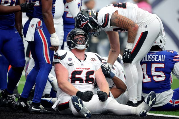 September 13, 2026, Houston, Texas, U.S: Houston Texans guard Keylan Rutledge (66) reacts after a touchdown run by running back David Montgomery (32, not shown) during the first quarter of the NFL, American Football Herren, USA regular season game between the Houston Texans and the Buffalo Bills at Reliant Stadium in Houston, TX on September 13, 2026. Houston U.S - ZUMAw137 20260913_aap_w137_039 Copyright: xErikxWilliamsx