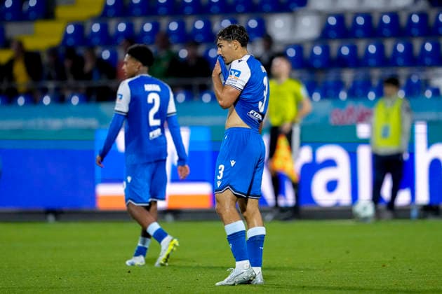 From left: Natnael Abraha (TSG II), 2, Sean Dulic (TSG II), 3, players from TSG 1899 Hoffenheim II U23, looking disappointed, disappointment, frustration, pessimistic, after conceding the goal to make it 1–1, action, game scene, September 13, 2026, Sinsheim, Germany, soccer, 3rd League, TSG 1899 Hoffenheim II vs. SC Fortuna Köln, DFB and DFL regulations prohibit any use of photographs as image sequences and or quasi-video xozx