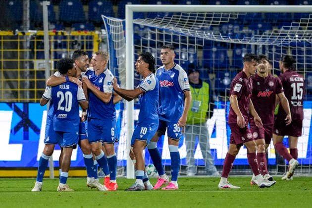 From left: Tiago Poller (TSG II), 20; goal scorer Klaus Gjasula (TSG II), 5; Valentin Lässig TSG II, 6, captain, Yasin Zor TSG II, 10, Jakov Dedic TSG II, 36, players from TSG 1899 Hoffenheim II U23, celebrating the goal that made it 2–1, Celebration, goal celebration, goal scored, celebrating the goal, goal, celebration, celebrating the goal, joy, happiness, happy, optimistic, positive, game scene, highlight, action, 13 09 2026, Sinsheim, Germany, soccer, 3rd League, TSG 1899 Hoffenheim II vs. SC Fortuna Köln, DFB and DFL regulations prohibit any use of photographs as image sequences and or quasi-video xozx