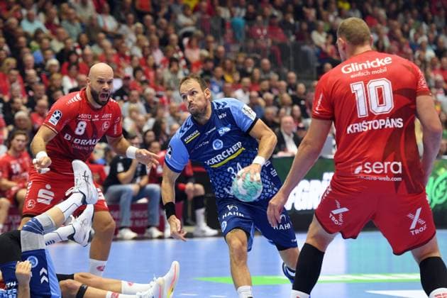 Kai Haefner (TVB Stuttgart 34) on a shot by Adrian Sipos (MT Melsungen 8 L), Dainis Kristopans (MT Melsungen 10), GER, MT Melsungen vs. TVB 1898 Stuttgart, handball, 1st Bundesliga, Matchday 4, 2026–2027 season, September 13, 2026, GER, MT Melsungen vs. TVB Stuttgart, Handball, 1st Bundesliga, Matchday 4, 2026–2027 season, September 13, 2026, Kassel Copyright: xEibner-Pressefotox xRolandxSippelx EP_RSL
