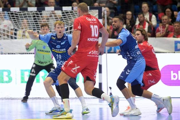 Dainis Kristopans, MT Melsungen 10 (on the ball), Linus Schmid, TVB Stuttgart 19, Philipp Ahouansou, TVB Stuttgart 5, Johannes Golla, MT Melsungen 14 (R), GER, MT Melsungen vs. TVB 1898 Stuttgart, Handball, 1st Bundesliga, Matchday 4, 2026–2027 season, September 13, 2026, GER, MT Melsungen vs. TVB Stuttgart, Handball, 1st Bundesliga, Matchday 4, 2026–2027 Season, September 13, 2026, Kassel Copyright: xEibner-Pressefotox xRolandxSippelx EP_RSL