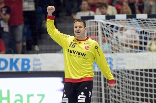 Celebration by Nebojsa Simic, goalkeeper for MT Melsungen 16, GER, MT Melsungen vs. TVB 1898 Stuttgart, handball, 1st Bundesliga, Matchday 4, 2026–2027 season, September 13, 2026, GER, MT Melsungen vs. TVB Stuttgart, Handball, 1st Bundesliga, Matchday 4, 2026–2027 season, September 13, 2026, Kassel Copyright: xEibner-Pressefotox xRolandxSippelx EP_RSL