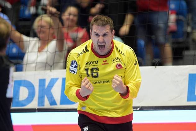Celebration by Nebojsa Simic, goalkeeper for MT Melsungen 16, GER, MT Melsungen vs. TVB 1898 Stuttgart, handball, 1st Bundesliga, Matchday 4, 2026–2027 season, September 13, 2026, GER, MT Melsungen vs. TVB Stuttgart, Handball, 1st Bundesliga, Matchday 4, 2026–2027 season, September 13, 2026, Kassel Copyright: xEibner-Pressefotox xRolandxSippelx EP_RSL