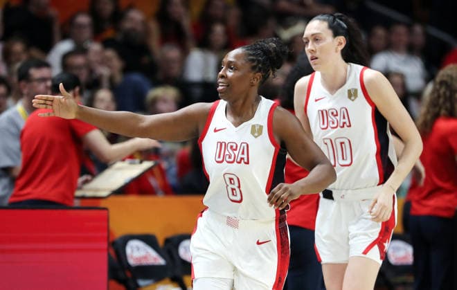 Chelsea Gray, Breanna Stewart in action; upper body; sports; basketball; FIBA World Cup; Women s World Championship; World Cup Final; 2026-2027 season; September 13, 2026; France vs. USA