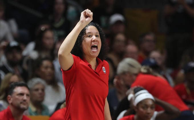 Coach Cara Lawson gives instructions; Upper Body Drill; Basketball; FIBA World Cup; Women s World Championship; World Cup Final; 2026–2027 Season; September 13, 2026; France vs. USA