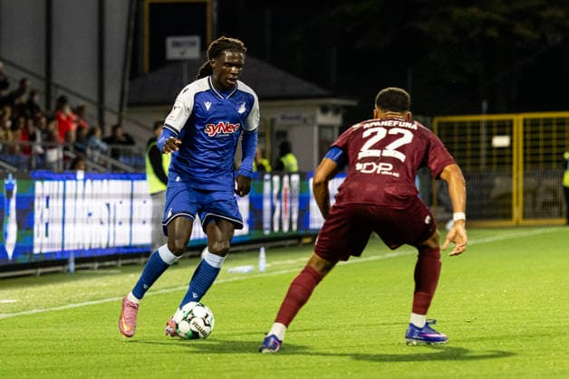 Germany: TSG Hoffenheim II vs. Fortuna Cologne, 3. Liga, 2026–27 season, Dietmar Hopp Stadium, Sinsheim; Blessing Makanda, TSG Hoffenheim II, No. 17; Robin Afamefuna, Fortuna Cologne, No. 22; Sinsheim, Dietmar Hopp Stadium, Baden-Württemberg, Germany Copyright: xBenedictxChristx