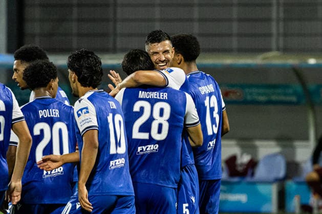 Germany: TSG Hoffenheim II vs. Fortuna Cologne, 3. Liga, 2026–27 season, Dietmar Hopp Stadium, Sinsheim; TSG Hoffenheim celebrates after a goal by Klaus Gjasula, TSG Hoffenheim II, 5, Florian Micheler, TSG Hoffenheim II, 28, Yasin Zor, TSG Hoffenheim II, 10, Tiago Poller, TSG Hoffenheim II, 20, Natnael Abraha, TSG Hoffenheim II, 2, Tristan Spranger, TSG Hoffenheim II, 13, Portrait photo, Portrait, Individual shot, Portrait, Sinsheim, Dietmar Hopp Stadium, Baden-Württemberg, Germany Copyright: xBenedictxChristx
