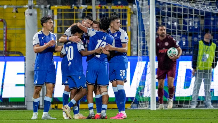 Players from TSG 1899 Hoffenheim II U23 celebrate the 2-1 goal, Celebration, Goal celebration, Goal scored, Celebrating the goal, Goal, Celebration, Cheering the goal, Joy, Happiness, Happy, Optimistic, Positive, Game scene, Highlight, Action, 13 09 2026, Sinsheim, Germany, soccer, 3. Liga, TSG 1899 Hoffenheim II vs. SC Fortuna Köln, DFB and DFL regulations prohibit any use of photographs as image sequences and or quasi-video xozx