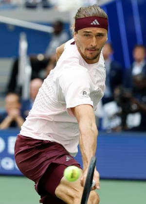 Alexander Zverev of Germany hits a backhand return to Ben Shelton in the first set of the Men s Finals match in Arthur Ashe Stadium at the 2026 US Open Tennis Championship at the USTA Billie Jean King National Tennis Center in New York City on Sunday, September 13, 2026.  NYP20260913801 COREYxSIPKIN