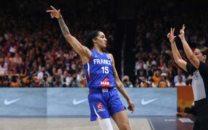 Gabby Williams celebrates after a three-pointer Joy Emotion Sports Basketball FIBA World Cup Women s World Championship Final 2026-2027 Season September 13, 2026 France vs. USA