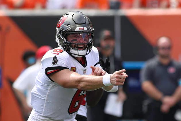 Sep 13, 2026; Cincinnati, OH, USA; Tampa Bay Buccaneers QB Baker Mayfield shouts instructions during WEEK 1 of the NFL, American Football Herren, USA regular season between the Cincinnati Bengals and the Tampa Bay Buccaneers at Paycor Stadium. Mandatory Credit: -Cal Media Cincinnati USA - ZUMAc04_ 20260913_zma_c04_115 Copyright: xKevinxSchultzx