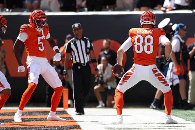 Sep 13, 2026; Cincinnati, OH, USA; Cincinnati Bengals TE Mike Gesicki (88) celebrates his touchdown with teammate Tee Higgins (5) during WEEK 1 of the NFL, American Football Herren, USA regular season between the Cincinnati Bengals and the Tampa Bay Buccaneers at Paycor Stadium. Mandatory Credit: -Cal Media NFL 2026: Buccaneers Vs Bengals SEP 13  - ZUMAc04_ 20260913_zma_c04_081 Copyright: xKevinxSchultzx