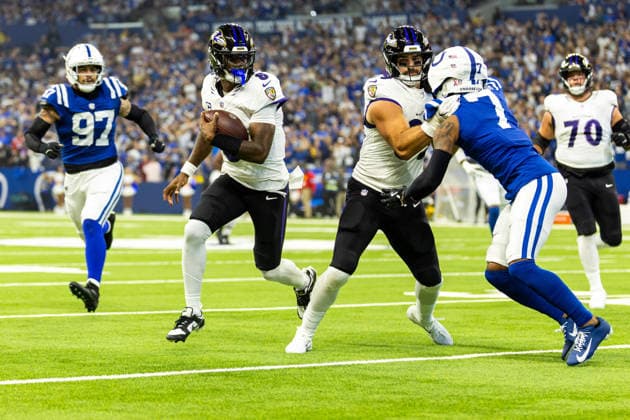 Sep 13, 2026; Indianapolis, IN, USA; Baltimore Ravens quarterback Lamar Jackson (8) runs with the ball during NFL, American Football Herren, USA game action against the Indianapolis Colts at Lucas Oil Stadium. Mandatory Credit: -Cal Media Indianapolis USA - ZUMAc04_ 20260913_zma_c04_131 Copyright: xJohnxMersitsx