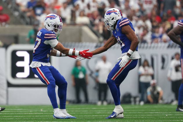HOUSTON, TX - SEPTEMBER 13: Cornerback Jordan Hancock 37 of the Buffalo Bills and cornerback Davison Igbinosun 21 of the Buffalo Bills celebrate a stop on third down during the NFL, American Football Herren, USA game between the Houston Texans and the Buffalo Bills on September 13, 2026, at Reliant Stadium in Houston, TX.(Photo by David Buono Icon Sportswire) NFL: SEP 13 Bills at Texans EDITORIAL USE ONLY Icon260913021