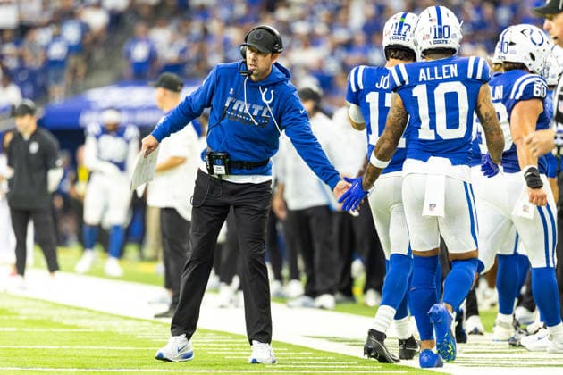 Sep 13, 2026; Indianapolis, IN, USA; Indianapolis Colts head coach Shane Steichen on the sidelines during NFL, American Football Herren, USA game action against the Baltimore Ravens at Lucas Oil Stadium. Mandatory Credit: -Cal Media Indianapolis USA - ZUMAc04_ 20260913_zma_c04_125 Copyright: xJohnxMersitsx