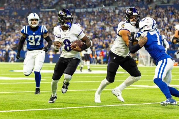 Sep 13, 2026; Indianapolis, IN, USA; Baltimore Ravens quarterback Lamar Jackson (8) runs with the ball during NFL, American Football Herren, USA game action against the Indianapolis Colts at Lucas Oil Stadium. Mandatory Credit: -Cal Media Indianapolis USA - ZUMAc04_ 20260913_zma_c04_130 Copyright: xJohnxMersitsx