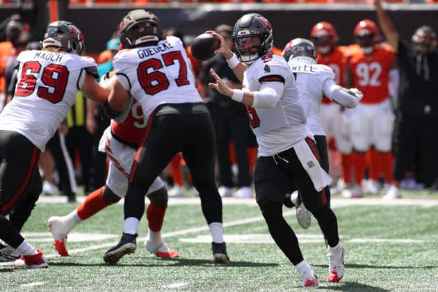 Sep 13, 2026; Cincinnati, OH, USA; Tampa Bay Buccaneers QB Baker Mayfield throws during WEEK 1 of the NFL, American Football Herren, USA regular season between the Cincinnati Bengals and the Tampa Bay Buccaneers at Paycor Stadium. Mandatory Credit: -Cal Media NFL 2026: Buccaneers Vs Bengals SEP 13  - ZUMAc04_ 20260913_zma_c04_117 Copyright: xKevinxSchultzx