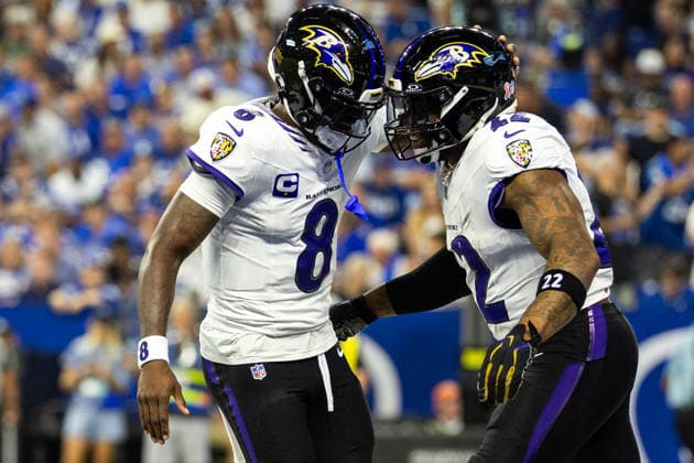 Sep 13, 2026; Indianapolis, IN, USA; Baltimore Ravens quarterback Lamar Jackson (8) and Baltimore Ravens running back Derrick Henry (22) celebrate a touchdown during NFL, American Football Herren, USA game action against the Indianapolis Colts at Lucas Oil Stadium. Mandatory Credit: -Cal Media NFL 2026: Ravens Vs Colts SEP 13  - ZUMAc04_ 20260913_zma_c04_127 Copyright: xJohnxMersitsx
