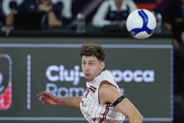 France v Latvia - CEV EuroVolley 2026 CLUJ-NAPOCA, ROMANIA - SEPTEMBER 13: Gustavs Freimanis (92) of Latvia in action during the CEV EuroVolley 2026 Group D match between France and Latvia at BT Arena in Cluj-Napoca, Romania, on September 13, 2026. Osmancan Gurdogan Anadolu Cluj Romania. Editorial use only. Please get in touch for any other usage.  Copyright: x2026xAnadoluxOsmancanxGurdoganx