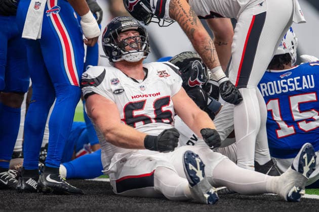 September 13, 2026: Houston Texans guard Keylan Rutledge (66) celebrates a touchdown during a game between the Buffalo Bills and the Houston Texans in Houston, TX. .. CSM - ZUMAc04_ 20260913_zma_c04_058 Copyright: xTraskxSmithx