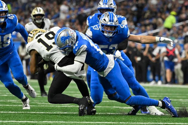 Sep 13, 2026; Detroit, MI, USA; Detroit Lions wide receiver Tay Martin (17) tackles New Orleans Saints wide receiver Barion Brown (19) on a punt return at Ford Field. Mandatory Credit: -Cal Media NFL, American Football Herren, USA 2026: Saints Vs Lions SEP 13  - ZUMAc04_ 20260913_zma_c04_143 Copyright: xAllanxDranbergx