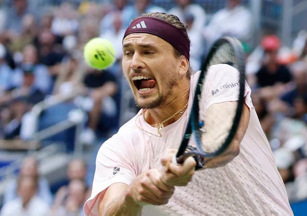 Alexander Zverev of Germany hits a backhand return to Ben Shelton in the second set of the Men s Finals match in Arthur Ashe Stadium at the 2026 US Open Tennis Championship at the USTA Billie Jean King National Tennis Center in New York City on Sunday, September 13, 2026.  NYP20260913811 COREYxSIPKIN