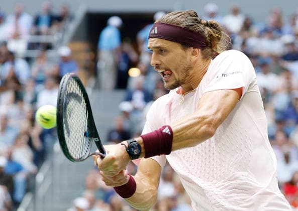Alexander Zverev of Germany hits a backhand return to Ben Shelton in the second set of the Men s Finals match in Arthur Ashe Stadium at the 2026 US Open Tennis Championship at the USTA Billie Jean King National Tennis Center in New York City on Sunday, September 13, 2026.  NYP20260913815 COREYxSIPKIN