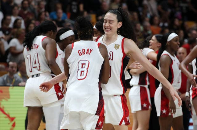 Chelsea Gray and Caitlin Clark celebrate after the game Joy Emotion Sports Basketball FIBA World Cup Women s World Championship Final 2026-2027 Season September 13, 2026 France vs. USA