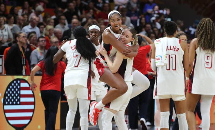 Angel Reese celebrates after the game Joy Emotion Sports Basketball FIBA World Cup Women s World Championship Final 2026-2027 Season September 13, 2026 France vs. USA