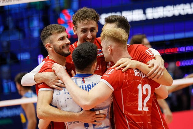 Slovakia celebrates a point during a Men™s Euro pool A volleyball match between Italy and Slovakia in Modena, Italy - September 13, 2026  Copyright: xLucaxDiliberto LaPressex