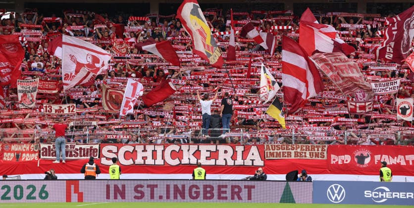September 13, 2026, Soccer, Men s, Bundesliga 1, 2026–2027 Season, SV 07 Elversberg vs. FC Bayern Munich, FC Bayern Munich fans waving flags and holding up their scarves at the Elversberg Ursapharm Arena on Kaiserlinde Street, Saarland, Germany Copyright: xFabianxKleerx
