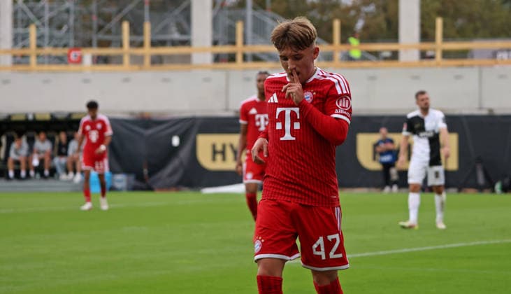 September 13, 2026, Soccer, Men s, Bundesliga 1, 2026–2027 Season, SV 07 Elversberg vs. FC Bayern Munich, Lennart Karl of FC Bayern Munich celebrates his goal to make it 0–1 at the Ursapharm Arena in Elversberg, Kaiserlinde, Saarland, Germany Copyright: xFabianxKleerx