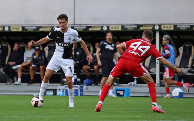 September 13, 2026, Soccer, Men s, Bundesliga 1, 2026–2027 Season, SV 07 Elversberg vs. FC Bayern Munich, Maurice Krattenmacher (SV 07 Elversberg) vs. Josip Stanisic (FC Bayern Munich), Ursapharm Arena an der Kaiserlinde, Saarland, Germany Copyright: xFabianxKleerx