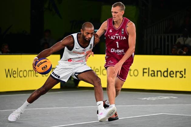 Nesta Agasi and Nauris Miezis pictured during the final game of the 3x3 basketball between Netherlands and Latvia at the men s FIBA 3x3 Europe Cup, on Sunday 13 September 2026 in Antwerp. DIRKxWAEM  x186254607x