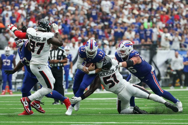 HOUSTON, TX - SEPTEMBER 13: Quarterback Josh Allen 17 of the Buffalo Bills is sacked by defensive end Will Anderson Jr. 51 of the Houston Texans during the NFL, American Football Herren, USA game between the Houston Texans and the Buffalo Bills on September 13, 2026, at Reliant Stadium in Houston, TX.(Photo by David Buono Icon Sportswire) NFL: SEP 13 Bills at Texans EDITORIAL USE ONLY Icon260913027