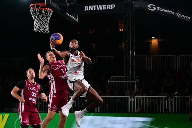 Nesta Agasi and Nauris Miezis pictured during the final game of the 3x3 basketball between Netherlands and Latvia at the men s FIBA 3x3 Europe Cup, on Sunday 13 September 2026 in Antwerp. DIRKxWAEM  x186254543x