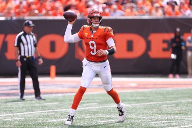 CINCINNATI, OH - SEPTEMBER 13: Cincinnati Bengals quarterback Joe Burrow (9) passes the ball during the game between the Tampa Bay Buccaneers and the Cincinnati Bengals at Paycor Stadium on September 13, 2026 in Cincinnati, OH. (Photo by Ian Johnson Icon Sportswire) NFL, American Football Herren, USA SEP 13 Buccaneers at Bengals EDITORIAL USE ONLY Icon260913028